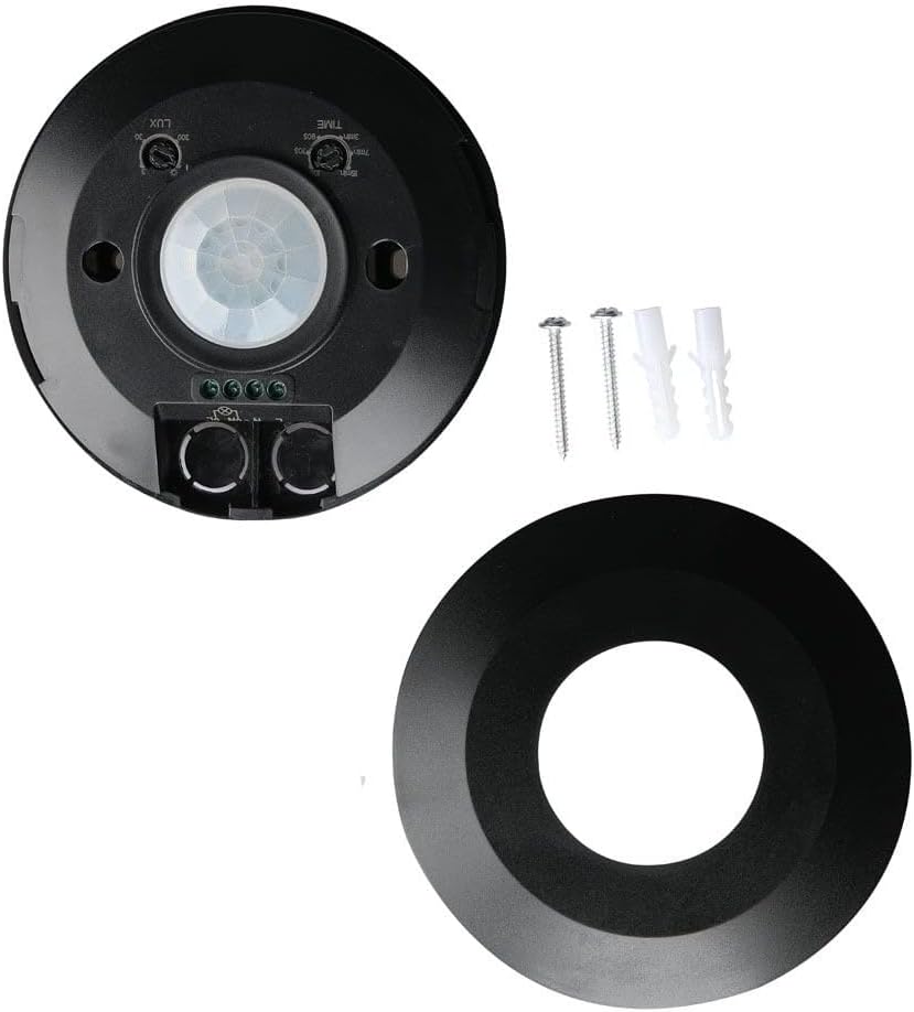 Back view of V-TAC VT-5087 sensor showing wiring terminals and adjustment knobs, with mounting screws