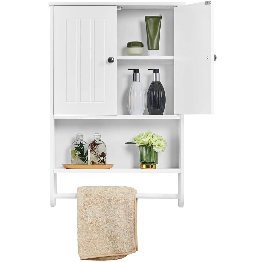 Yaheetech Armoire Murale Suspendus de Salle de Bain 48,5 × 14 × 73 cm, Armoire de Toilette avec Étagère Réglable, 2 Portes/Compartiment Ouvert/Porte-Serviette Blanc