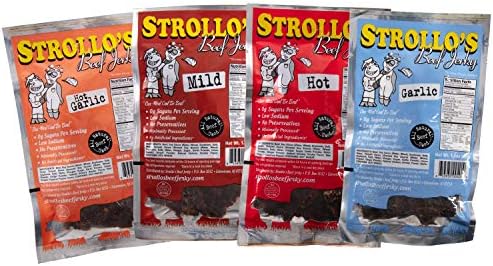 Strollo's Beef Jerky Sampler - Variety 4 Pack (1 of each flavor) Low Sodium, Low Carb, Low Sugar - Made with all Natural USA Beef, USDA Certified
