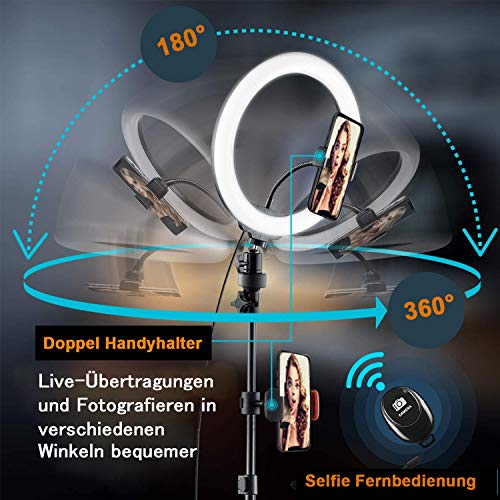 LED Ringlicht mit Stativ Handy,10" Selfie Ringleuchte mit 63" Stativ Bluetooth Fernbedienung USB-betrieben 3 Farbe &10 Helligkeitsstufen,Ringleuchte für YouTube, Tiktok,Live-Stream,Makeup – Bild 4