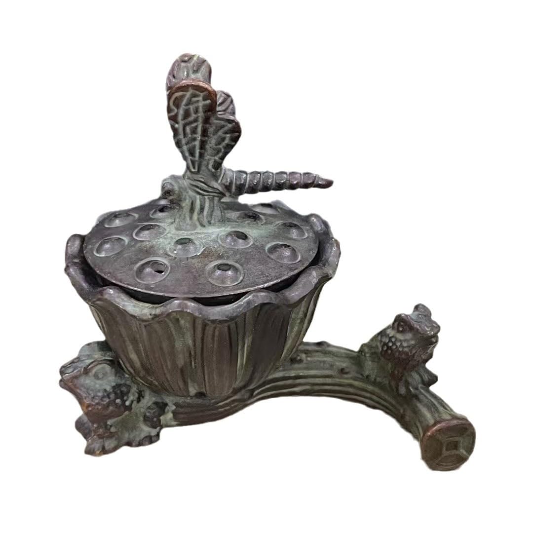 Huolimxun Antique Copper Alloy Dragonfly Lotus Incense Burner Ornaments