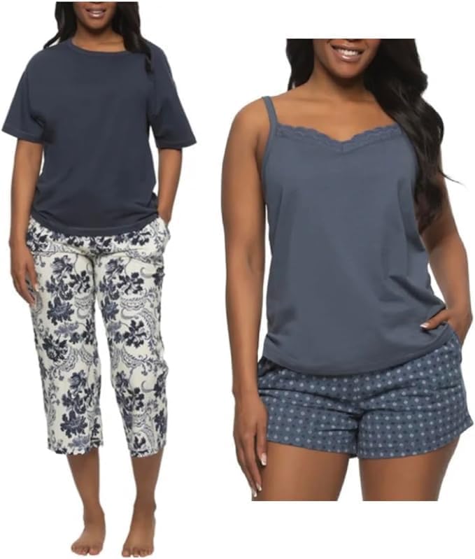 Felina Women's 4 Piece 100% Cotton Sleep Pajama Set, Tee, Tank, Short, and Capri Pant
