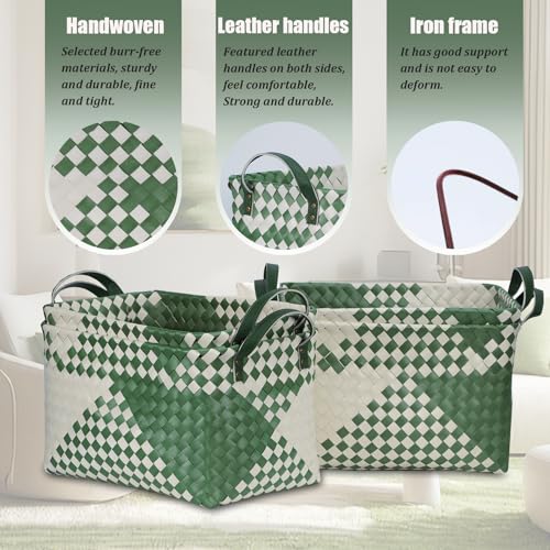 Image of BROWNLILY Handwoven Clothes Basket Laundry Hampers Large Wicker Storage Baskets for Shelves Blankets Closet Storage Bins Car Bedroom Bathroom Organizers and Storage Bath (Pack of 4, Green&White)