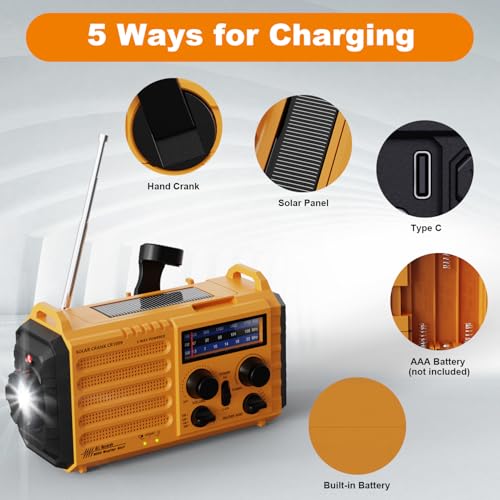 Tragbare Solar Radio, Notfall Radio mit Kurbel, Dynamo Wetter AM/FM/SW Radio, 5000mAh Wiederaufladbare Powerbank, Typ C Anschluss, LED Taschenlampe&Leseleuchte, SOS Alarm, Kompass für Camping Outdoor