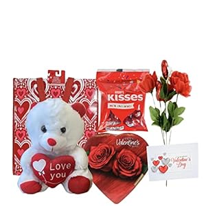 Valentines day gift basket set 9 inch white or red teddy bear plush hersheys kisses milk chocolate elmer heart shaped chocolate artificial glitter heart shaped rose flower v day gift bag valentine gif  urban country home decor