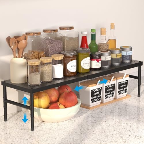 HI NINGER Organizador de Cocina Expandible de 42–72 cm, Especiero para Cocina Ajustable y Apilable, Estante Organizador para Armario, Apto para Encimeras de Diferentes Anchuras (Negro)