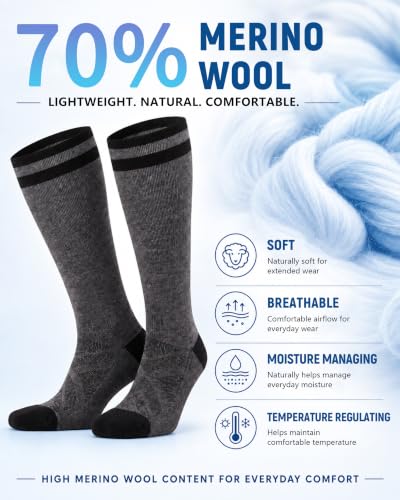 Image of 70% Merino Wool Compression Socks For Women Men, 15-20 mmHg