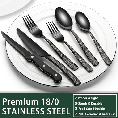 Image of EWFEN 24-Piece Black Silverware Set with Steak Knives, Black Flatware Set for 4, Food-Grade Stainless Steel Tableware Cutlery Set, Mirror Finished Utensil Sets for Home Restaurant, Wave Hammered