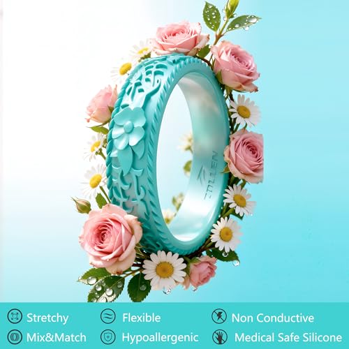 Image of Silicone Wedding Rings for Women 1 /4 /7 Packs -Stackable Silicone Rubber Wedding Bands - Innovative Flower & Vine Collection