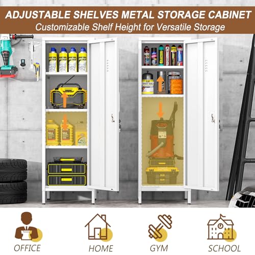 Image of pozdeg 47.24 inch White Lockable Small Metal Storage Locker | Employees Locker 1 Door & 3 Adjustable Shelves, Steel Cabinet for Employees, Home, School, Office & Gym