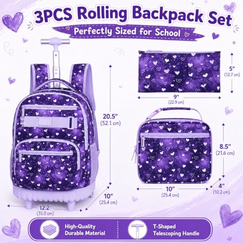 Image of 3Pcs Rolling Backpack for Girls Teens, 19 inch Wheeled Backpack with Lunch Box, Polka Dots Travel Roller Backpack for Women College Students (Purple)