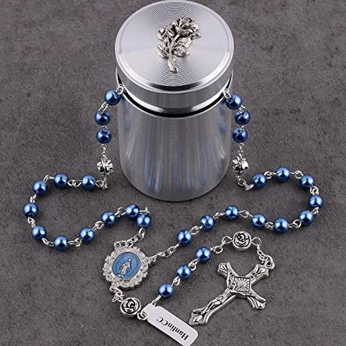 HanlinCC 6mm Glass Pearl Beads with Rose Flower Our Father Beads Miraculous Catholic Rosary Necklace with Rose Metal Catholic Gift Box for Men and Women2