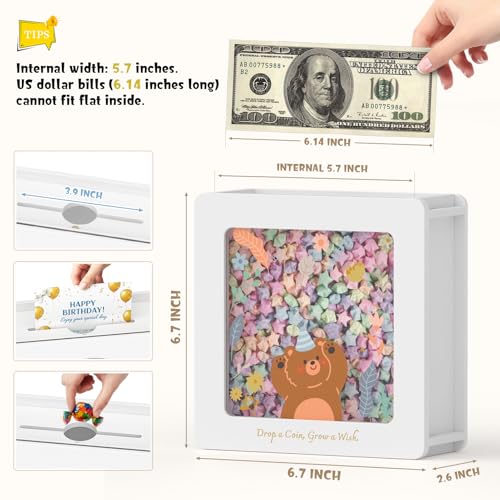 Image of Summidate Wooden Money Saving Box, Clear Window Cash Vault Savings Box with DIY Stickers, Personalized Bear Piggy Bank for Kids & Adults, Birthday /Baby Shower /Wedding Gift