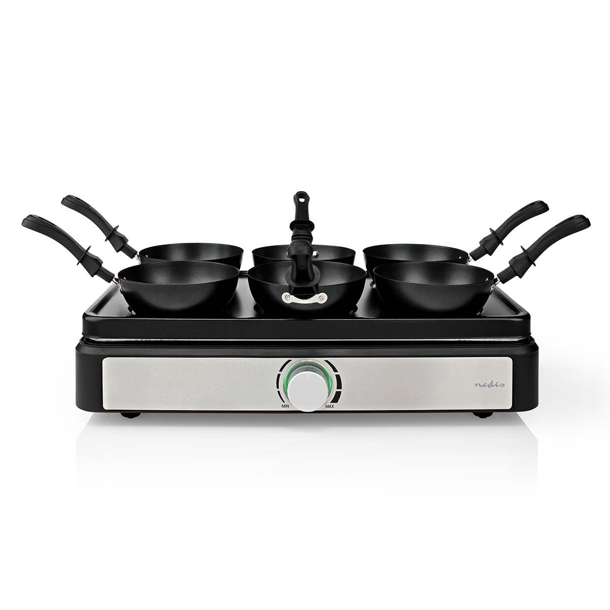 NEDIS FCRA310FBK6 set wok da tavola – per 6 persone – con mini wok e spatole – regolazione della temperatura – rivestimento antiaderente – design rettangolare – nero