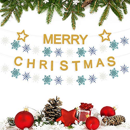 2 Pcs Christmas Party Decorations, Glittery Snowflake Banner Winter Decorations Winter Wonderland Birthday Baby Shower Decorations,Santa Festive Party Decor,Snow Theme Decorations,Frozen Garland