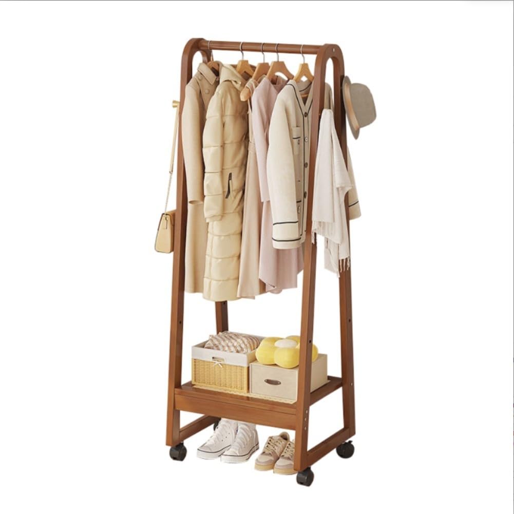 Dodobd A Wooden Clothes Rail With Wheels,Rolling Bamboo Clothes Rail With Shelves,Coat Rack Stand,Heavy Duty Clothes Rail,For Living Room Hallway Office Bedroom,50/70Cm,Easy Ssembly