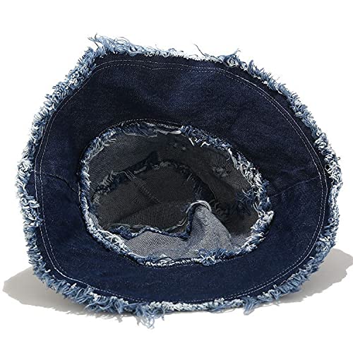 Womens Raw Hem Bucket Hats Summer Wide Brim Sun Hat Foldable Packable For Beach Vacation Travel Outdoors, Denim Dark Blue #TOP5