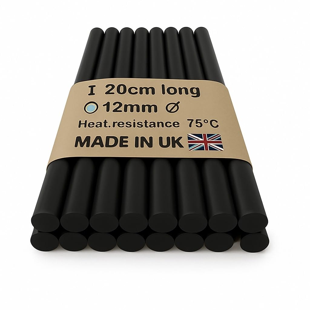 Made in The UK hot melt Glue Sticks for Glue Gun 20cm long 12mm diameter- Versatile Hot Melt Adhesive for Arts & Crafts, Product Assembly, and More (10, BLACK)