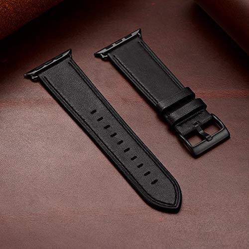 OUHENG Leather Bands Compatible with Apple Watch Band 49mm/46mm/45mm/44mm/42mm, Genuine Leather Strap Compatible with iWatch Ultra 3/2/1 & Series 11/10/9/8/7/6/5/4/3/2/1 & SE3 SE2 SE, Black/Black by OUHENG - Image 7