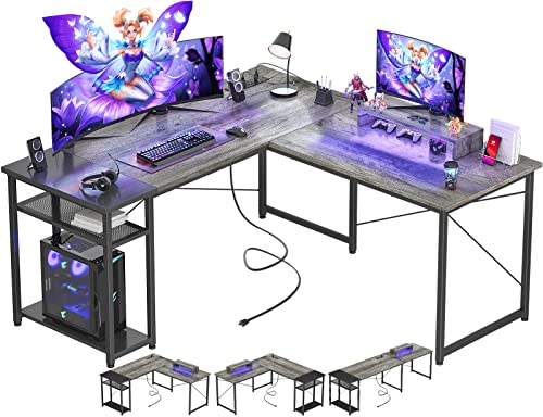 Cyclysio L Shaped Desk with LED Light, Reversible L-Shaped Corner Desk with Power Outlets and USB, 83.5'' Large 2 Person Desk with Monitor Stand, 51 Inch L Shaped Gaming Computer Desk, Grey and Black Cyclysio L Shaped Desk with LED Light, Reversible L-Shaped Corner Desk with Power Outlets and USB, 83.5'' Large 2 Person Desk with Monitor Stand, 51 Inch L Shaped Gaming Computer Desk, Grey and Black