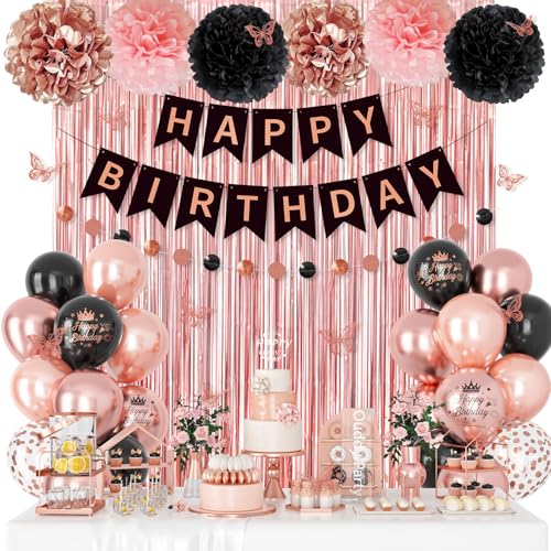 Rose Gold and Black Birthday Decorations for Women Girls Pearl Rose Gold Black Metallic Printed Balloons Butterfly Stickers Fringe Curtain Happy Birthday Banner Circle Dot Paper Pompom Party Supplies