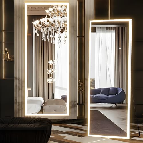 NEUWEABY Full Length Mirror with Lights 160 x 50 cm Full Body Mirror with Light Lighted Floor Mirror LED Full Length Wall Mounted Dimming & 3 Color Lighting for Bedroom White