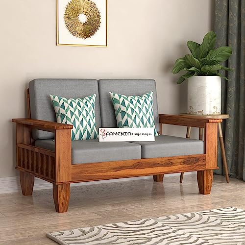 Image of Sheesham Wooden 2 Seater Sofa for Living Room | Rosewood 2 Seater Cushion Sofa with Side Newspaper Holder for Home & Office | Solid Wood Sofa Set for Lounge (-Honey Finish)