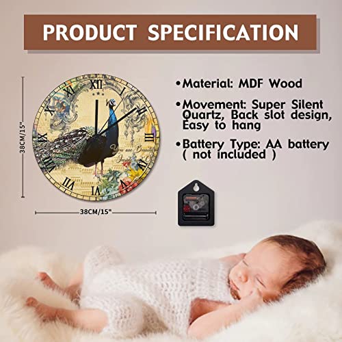 Horloge murale paon en bois rustique chic de 38,1 cm - 7