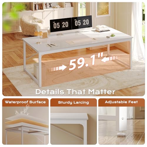 Image of PRAISUN 63 x 29.5 Inch Computer Desk with Deeper Desktop, Gaming Office Writing Work Desk for Home Office, Study, Bedroom, Work from Home, Metal Frame, White