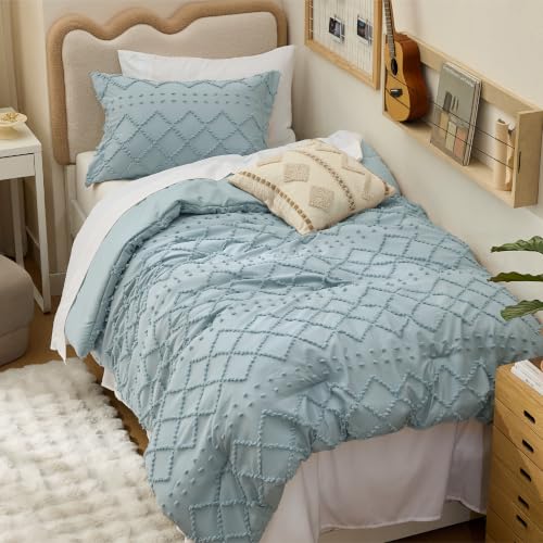 Image of Bedsure Twin XL Comforter Set - Dusty Blue Comforter, Boho Tufted Distressed Vintage Bedding for Kids, 2 Pieces Farmhouse-Style Bed Set for All Seasons, Fluffy Soft Bedding with 1 Pillow Sham