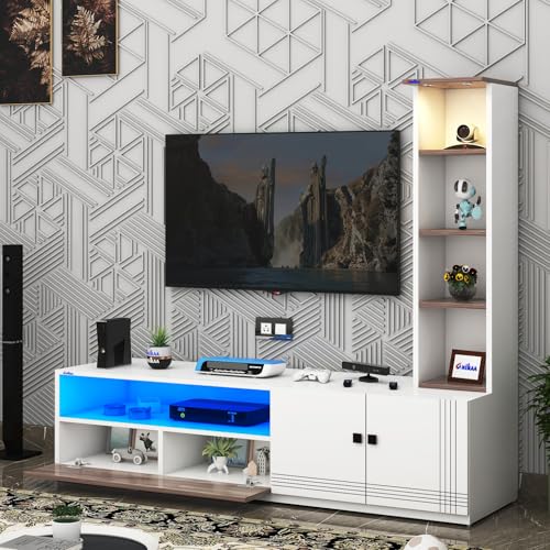 Image of Anikaa Sprax Engineered Wood Floor Standing Modern TV Unit with LED Light for Living Room | 2-Door & Open Box Cabinet with Side Shelf Storage | Ideal for Up To 55 inch | (White /Coachwood) DIY Installation
