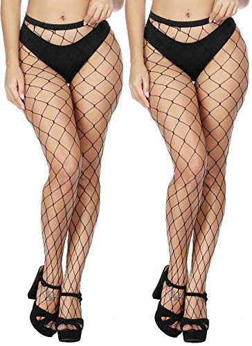 HZH High Waist Tights Fishnet Stockings for Women Thigh High Stockings Pantyhose(Black,Large Gride/2pcs)