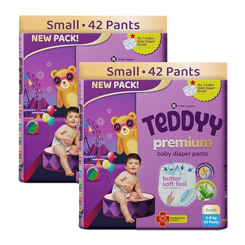Image of Teddyy Premium Baby Diapers S Size, Pant Style | Small (4-8 kg), 84 Pants | Butter Soft Feel, Anti-Rash with Aloe Vera, 12 Hours Dryness Lock