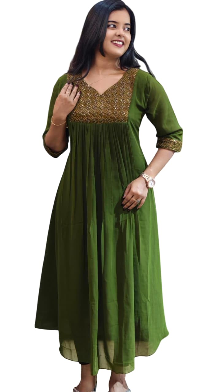 Women Embroidered Sequins Zari Work Blooming Georgette Anarkali Kurti | V-Neck | 46 Inch Length | Festive-image-34