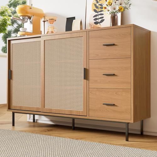 OLIVIBED Rattan Sideboard, Kommode mit 3 Schubladen und 2 Türen, Holz...