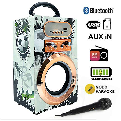 Altavoz Karaoke con Micrófono Altavoz Bluetooth Karaoke con microfono potente reproductor Inalámbrico portátil Radio FM MP5 USB TF Card Recargable (03-Futbol)