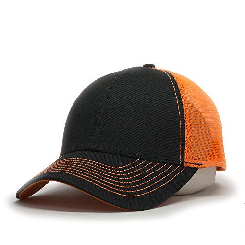 Vintage Year Plain Two Tone Cotton Twill Mesh Adjustable Trucker Baseball Cap (Black Neon Orange)