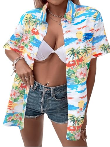 Image of ASTANFY Hawaiian Shirt Women Hawaii T-Shirt Tropical Floral Printed V Neck Shirts Soft Cool Summer Beach Button Up Blouse