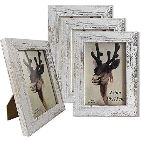 YGYQZ Photo Frames 6 x 4, Wood Pattern Packs 4, Vintage Photo Frames, Distressed Photo Frames, Freestanding and Wall Hanging Decoration(White) Cover