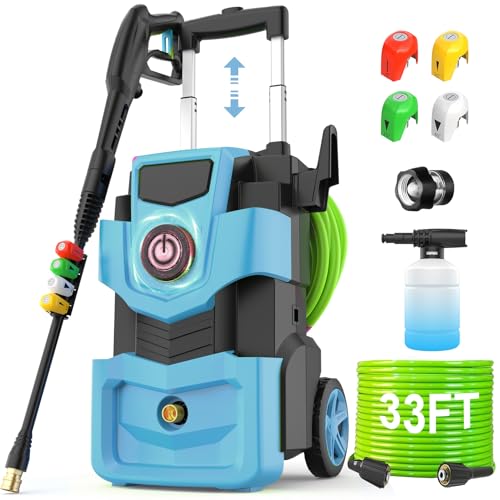 Imdot Adjustable Electric Pressure Washer 5000PSI with 33FT Flexible Extension Hose + 34FT Power Cord, 4 Nozzles, Foam Cannon, Best Power Washer for Cars, Patios, Driveways, Blue
