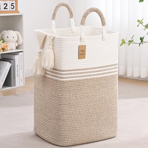 Laundry Basket Hamper,Blanket Storage,Dirty Clothes Hamper with Swivel Handles,Woven Cotton Rope Toy Baskets,Blanket Basket Living Room,Decorative...