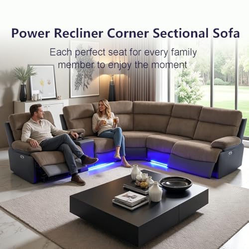 Image of Power Corduroy Recliner Sectional Sofa with LED Lights for Living Room, L Shaped Reclining Sectional Sofa, Modular Corduroy Couch with Coffee Table /Hidden Storage for Home Theater Seating