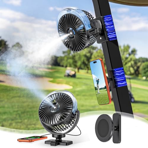 2 in 1 Magnetic Golf Cart Misting Fan & Phone Holder Gift Set 12000mAh Rechargeable Portable Fan 4 Speeds Timer Spray & LED for EZGO Club Car Yamaha Camping Cruise & Golf Cart Accessories Gifts