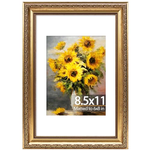 JCJMY 8.5x11 Vintage Picture Frame with 6x8 Mat Elegant Retro 8.5 by 11 Photo Frame with Shatter-Resistant Plexiglass for Wall or Tabletop Display Gallery Decor & Gift Gold 1 Pack
