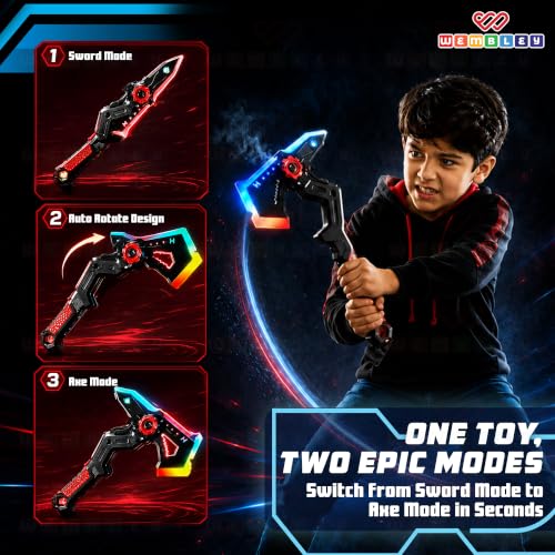 Image of Wembley LED Light Up 2-in-1 Sword & Axe Toy for Kids | Transforming Sword Axe with Sound, Vibration & Smoke Effect | Type-C Rechargeable Anime Roleplay Toy for Boys & Girls 3+ Years