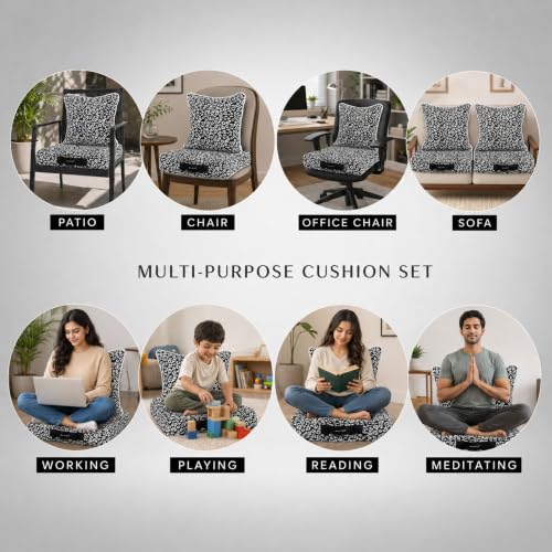 Image of Woven Quilted Floor Cushion Set 50x50x10 CM Black and White Animal with Fillers & Back Cushion, Large Size for Seating, Patio Seat, Meditation, Yoga, Pooja, Guests, Living 20x20x4 Inch