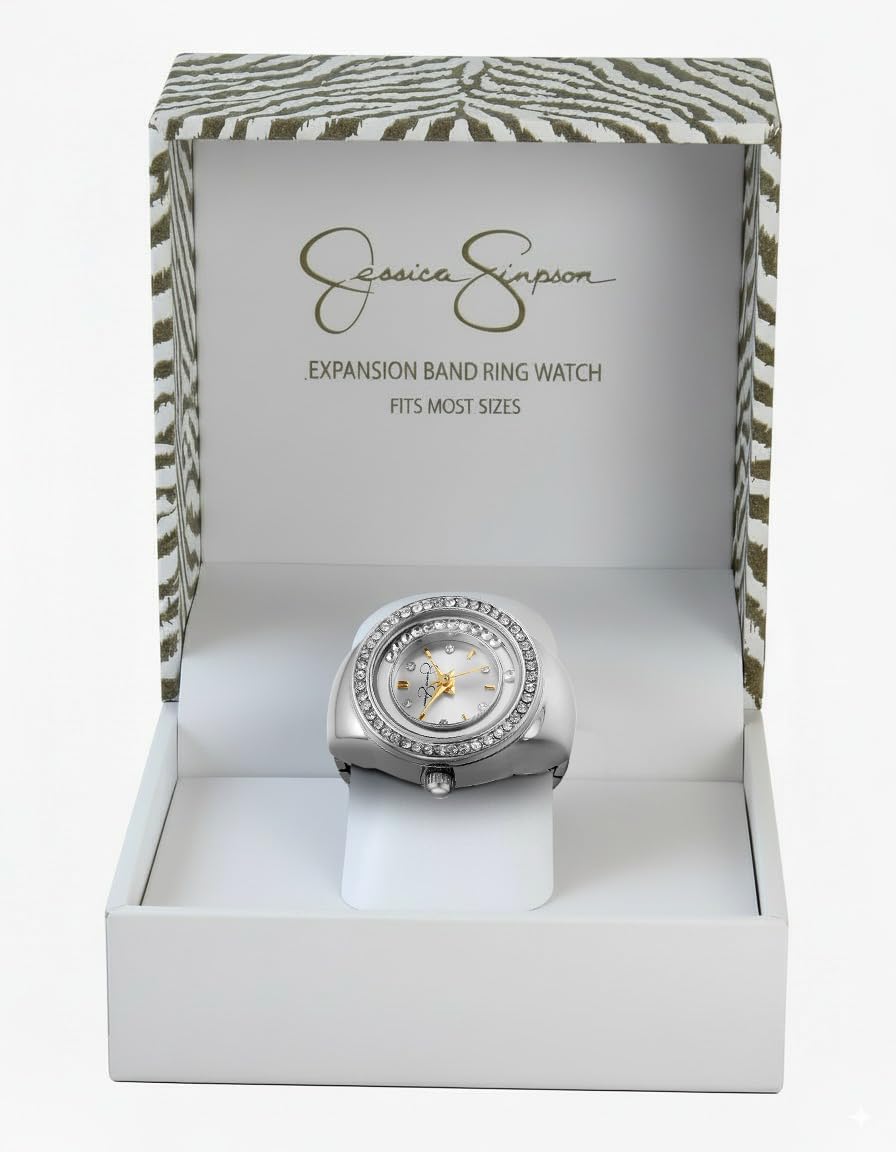 Jessica Simpson Women's Silver Adjustable Ring Watch – Crystal Bezel, Quartz Analog Mini Dial, Stretch Band Fashion Jewelry Accessory - Image 7