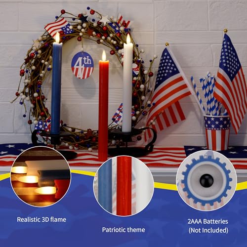Image of Red White and Blue Flameless Taper Candles with Remote, 9.6 inch Real Wax Patriotic Flameless Candles, Battery Operated 4th of July Candlesticks, Flickering Independence Day Candle Decor, 3 Pack