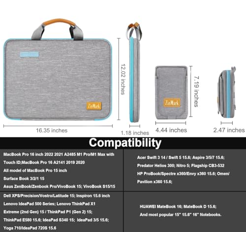 Image of ZINMARK Laptop Case 15.6 Inch Briefcase Military-Grade Protection with Detachable Belt Bag, Compatible All Model of 15-16 Inch MacBook Pro and Most Popular 15.6 Inch Notebooks Chromebooks (Gray&Blue)