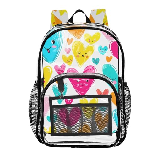 Colorful Cartoon Hearts Faces Clear Backpack Women Cute Boys Backpacks for Girls See through Approved Bag